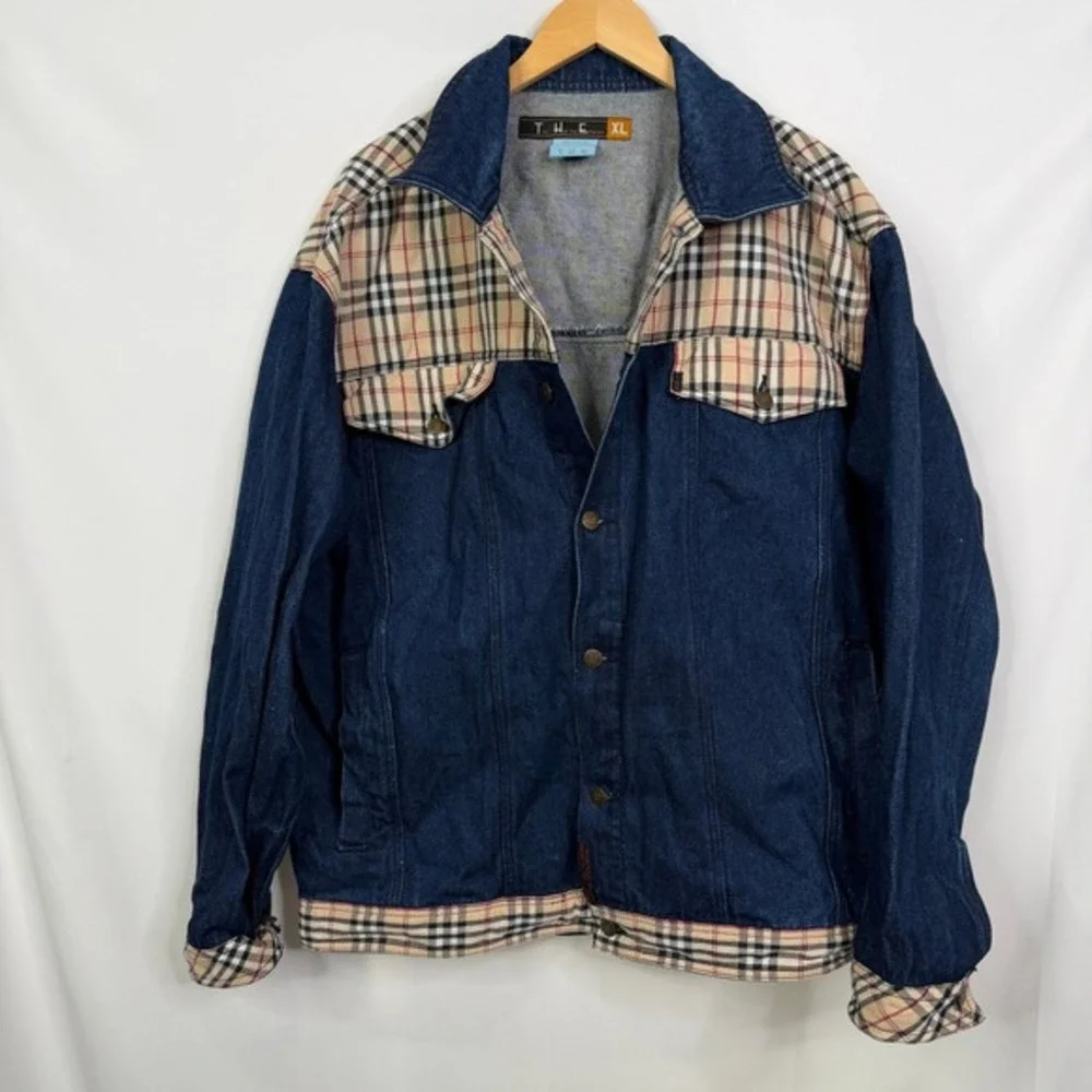 Y2K The Hip-hop Elements T.H.E. Denim Trucker Jacket Plaid Nova Check Mens‎ XL